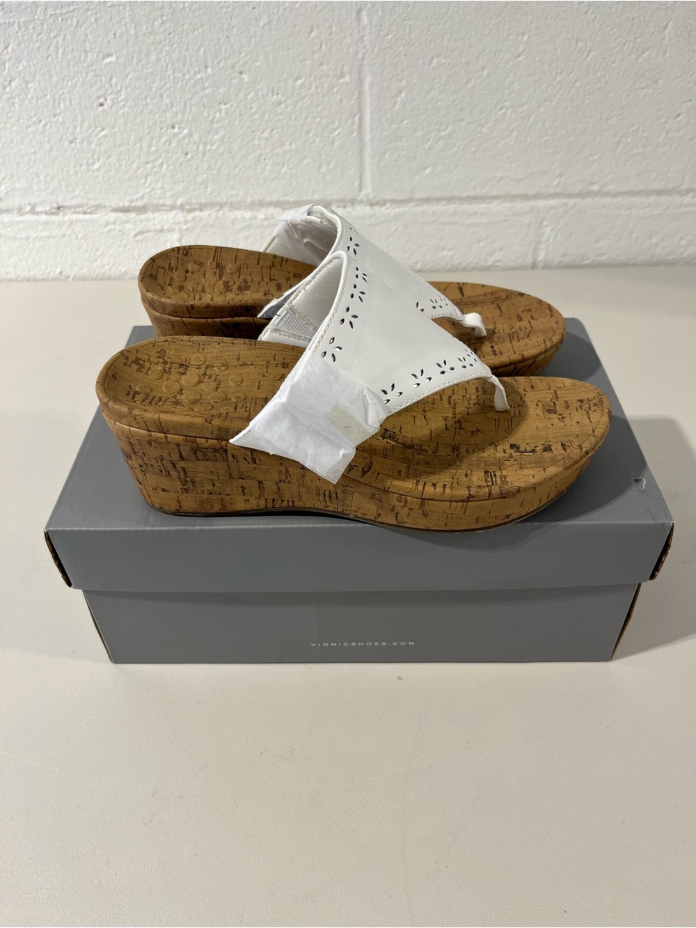Vionic White Cork Wedge Thong Sandals